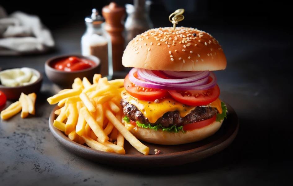 Cheeseburger with tomatoes and onions