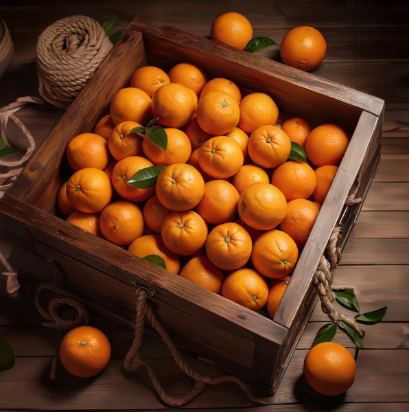 Oranges in wooden crate