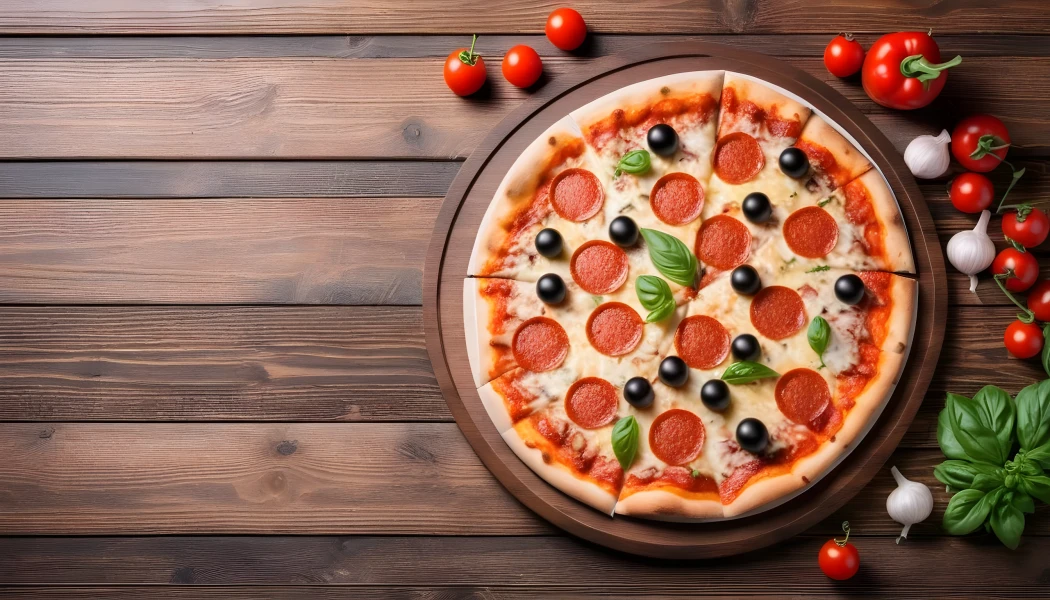 Top view delicious pizza on wooden desk