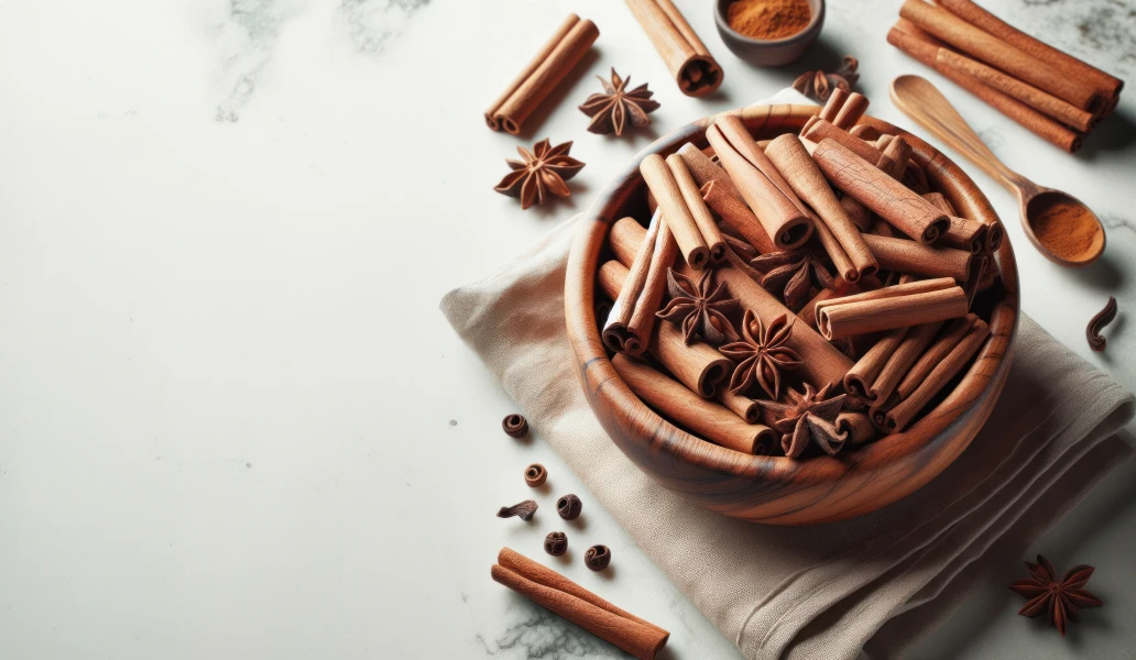 Free photo cinnamon sticks in wooden bowl on white floor, top view