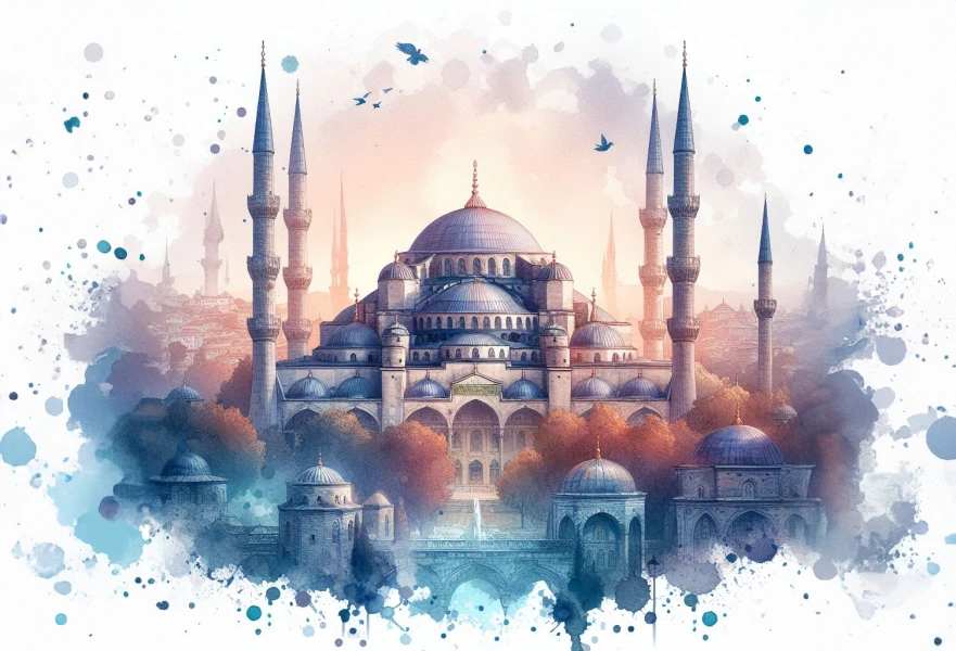 Water Color Mosque Illustration with Paint Drops