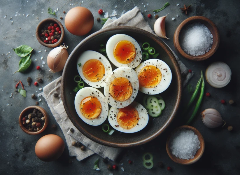 Boiled Eggs in pan with spices on dark background