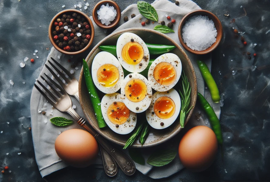 Boiled Eggs in plate with vegetables