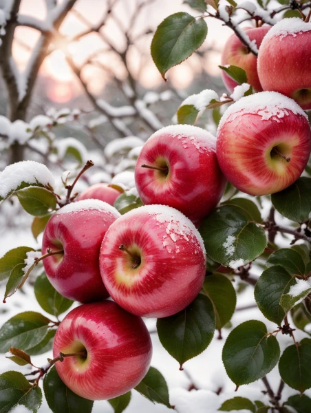 Red apples on a snow covered branch
