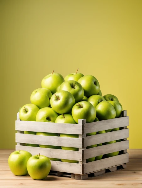 Green apples in a wooden crate