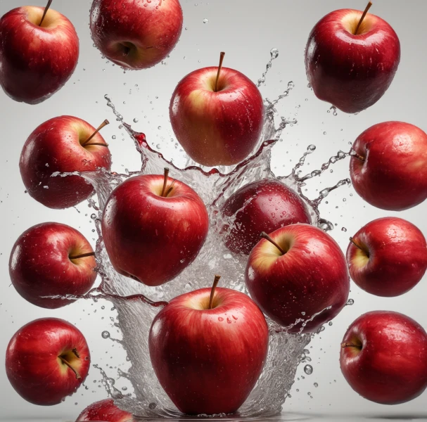 Red apples floating in the air