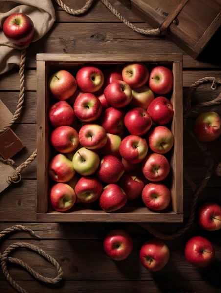 Top view of red apples in wooden crate