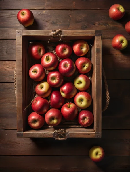 Top view of red apples in wooden crate