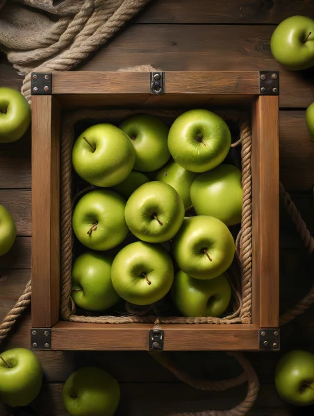 Top view of green apples in wooden crate