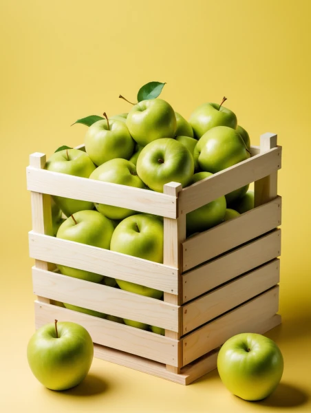 Top view of green apples in wooden crate