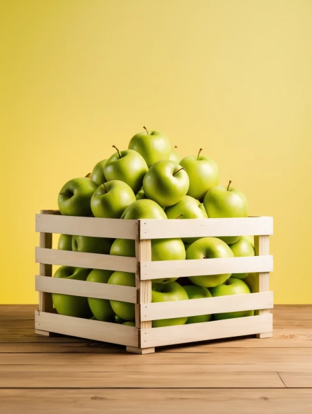 Green apples in wooden crate